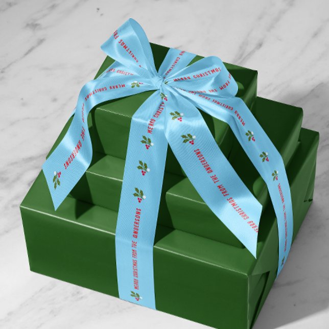 Lazo De Raso Texto azul personalizado con vacaciones de caracol (blue personalized Christmas text and name holiday gift ribbon with holly leaf and berries)