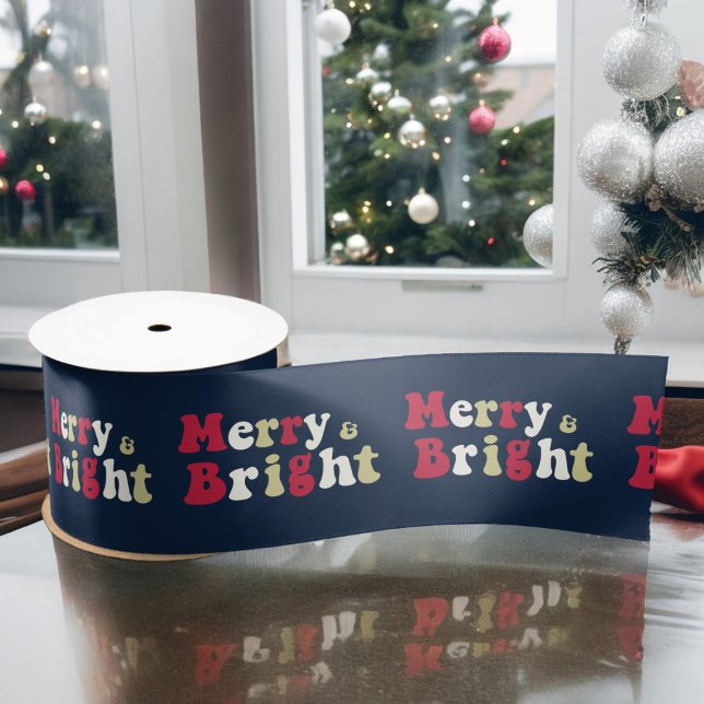 Lazo De Raso Tipografía audaz moderna y brillante (blue christmas ribbon saying merry and bright , fun bold xmas typography. ideal for all gifting )