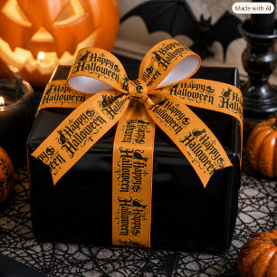 Lazo De Raso Tipografía Feliz Halloween Naranja y Negro