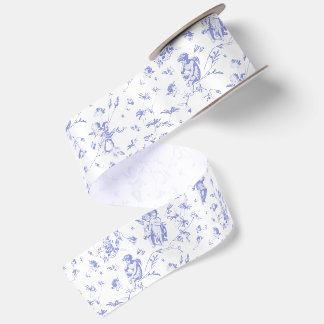 Lazo De Raso Toile Floral de Ángeles Cupido Azul Polvoriento Vi