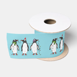 Lazo De Raso Tres pingüinos navideños festivos sobre azul claro