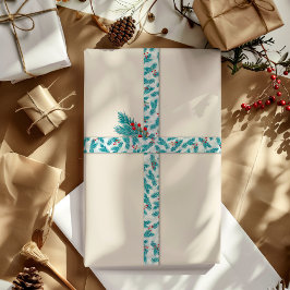 Lazo De Raso Twigs de pino y Navidades de Berias Rojas en blanc