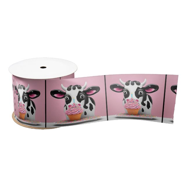 Lazo De Raso Vaca Con Torta De Cumpleaños En Rosa (Carrete)
