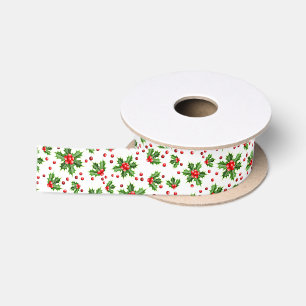 Lazo De Raso Verde clásico de Navidad con bayas rojas de acebo