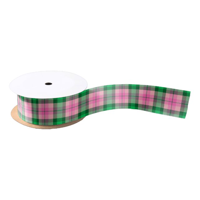 Lazo De Raso Verde Esmeralda, Cuadro Escocés Preppy Rosa Fuerte (Carrete)