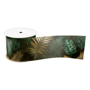 Lazo De Raso Verde Jungla Amarillo Hojas de Palma Tropicales
