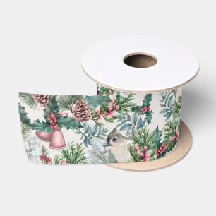 Lazo De Raso Vintage estampado floral de pinos y aves navideña
