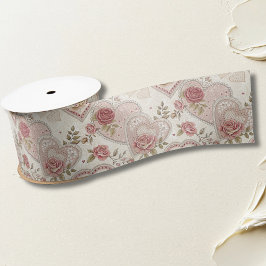Lazo De Raso Vintage Ivory Brown Frilled Hearts Rose Pattern