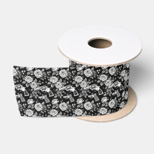 Lazo De Raso Vintage Revolver Ilustracion floral blanco negro