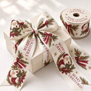 Lazo De Raso Vintage Santa Feliz Navidad Burdeos