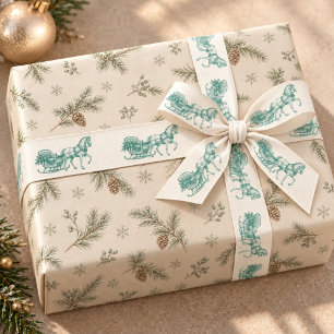 Lazo De Raso Vintage Verde Toile Caballo Trineo Navidad