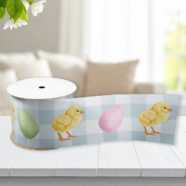 Lazo De Raso Watercolor Chick And Eggs On Blue Gingham Pattern