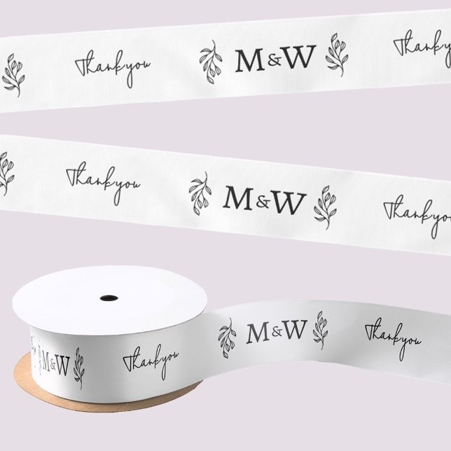 Lazo De Raso Wedding Couple Monogram Thank You Botanical Leaf (Personalized wedding couple monogram initials botanical leaf art thank you ribbon)