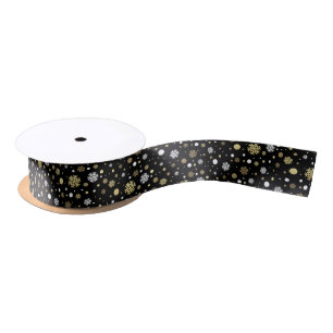 Lazo De Raso White Faux Gold Snowflakes Polkadots en Black Sati