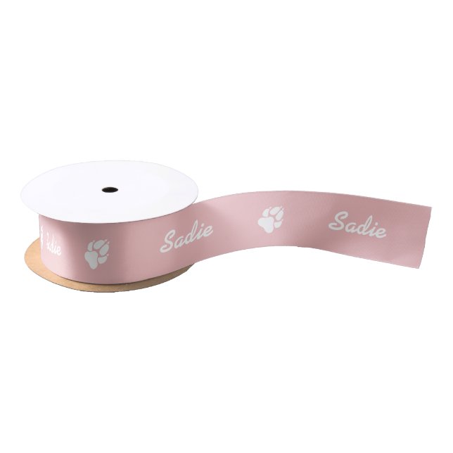 Lazo De Raso White Paws En Rubor Nombre Rosado Y Personalizado  (Carrete)