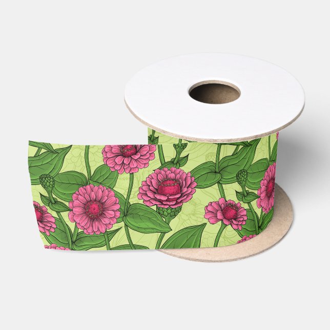 Lazo De Raso Zinnias rosas sobre verde claro (Carrete)