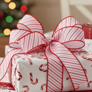 Lazo De Tela Gruesa 1.5" Cinta de Navidad a rayas de caramelo rosa y r