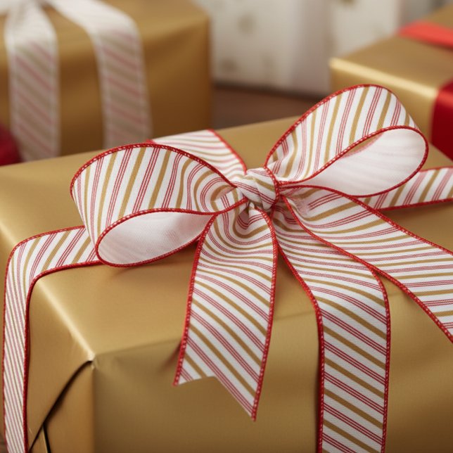 Lazo De Tela Gruesa 1.5" Gold and Red Candy Cane Striped Xmas (Chic Modern Festive Red & Gold Candy Cane Striped Xmas Ribbon. Elegant Christmas Pattern for Her)