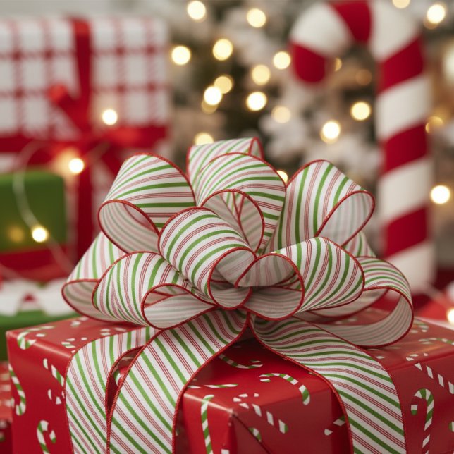 Lazo De Tela Gruesa 1.5" Green and Red Candy Cane Striped Xmas Kids (Fun Festive Red and Green Candy Cane Stripes Xmas Ribbon for Kids. Cute Pinstripe Christmas Pattern)