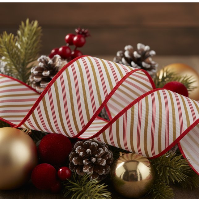 Lazo De Tela Gruesa 3" Gold and Red Candy Cane Pinstripe Xmas Pattern (Chic Modern Festive Red & Gold Candy Cane Striped Xmas Ribbon. Elegant Christmas Pattern for Her)