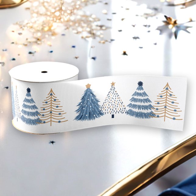 Lazo De Tela Gruesa Árboles azules vacaciones de Navidades simples mod (Blue Trees Modern Simple Christmas Holiday Grosgrain Ribbon)