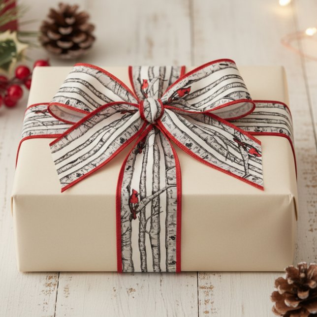 Lazo De Tela Gruesa Árboles de aves rojas y blancas y aves cardenales  (Elegant Winter Red Cardinal Bird & Birch Trees Pattern Ribbon for Christmas. Nature Birds Gift Wrap)