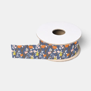 Lazo De Tela Gruesa Aves Chinoiserie naranja y azul