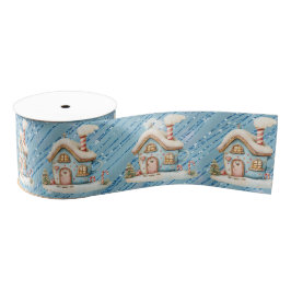 Lazo De Tela Gruesa Blue Gingerbread House on Blue Glitter