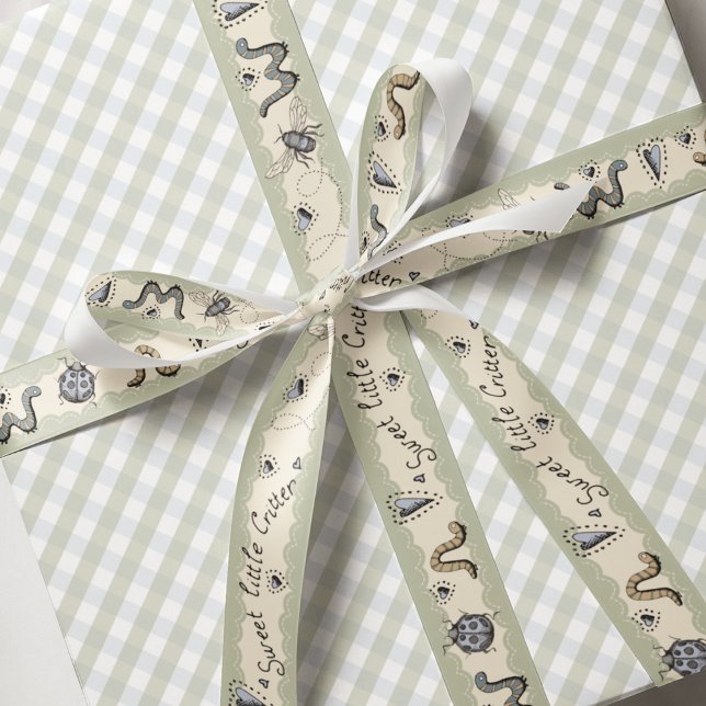 Lazo De Tela Gruesa Boho Pastels Blue Sage Cream Baby Boy (Cute Baby Insect Sage Pattern for Boy Baby Shower. Hand Drawn Ladybug Bee Worm & Hearts)