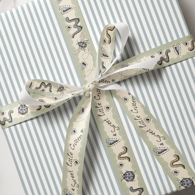 Lazo De Tela Gruesa Boho Pastels Blue Sage Cream Baby Boy (Baby Shower Insect BugsRibbon in Sage Green, Cream, and French Blue. Blue Hearts and Cute Insects.)