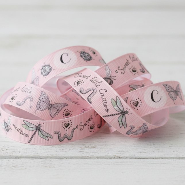 Lazo De Tela Gruesa Bonito Rubor Rosa Girly Inspira Monograma Niña (Cute Nature Pink Insect Ribbon for Girl. Whimsical Bugs Pattern & Monogram for Her for Baby Shower)