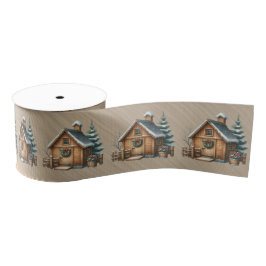 Lazo De Tela Gruesa Brown Log House Christmas Scene