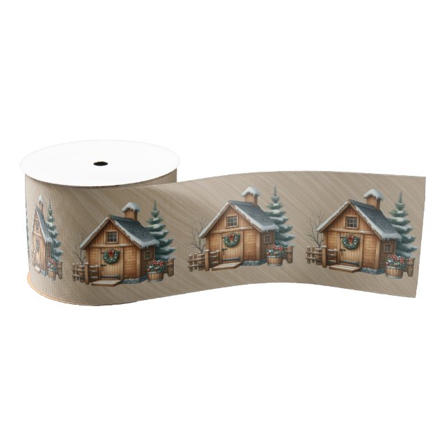 Lazo De Tela Gruesa Brown Log House Christmas Scene (Carrete)