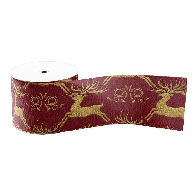 Lazo De Tela Gruesa Christmas Gilded Leather Reindeer Red (Carrete)