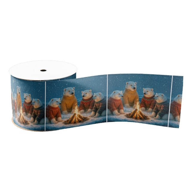 Lazo De Tela Gruesa Christmas Polar Bears Around a Bonfire (Carrete)