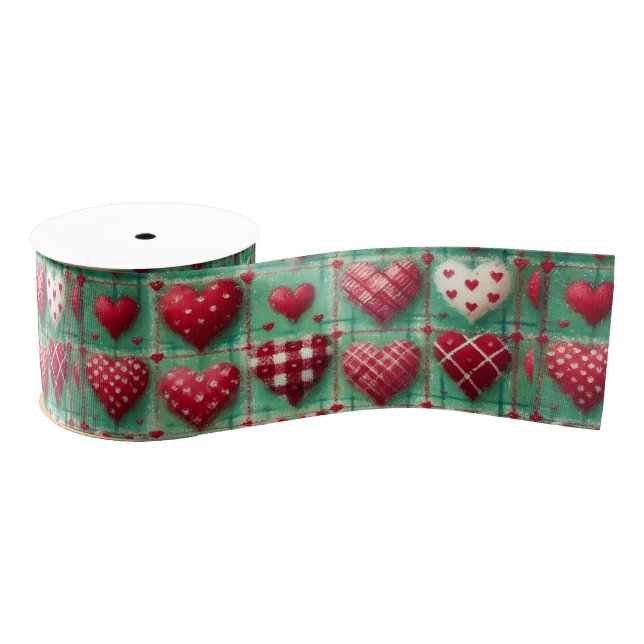 Lazo De Tela Gruesa Christmas Quilted Hearts Green Red White  (Carrete)