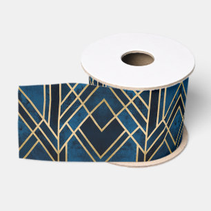 Lazo De Tela Gruesa Cinta - Art Deco Azul y Dorado Espejado