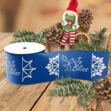 Cinta azul con copos de nieve blancos y logotipo