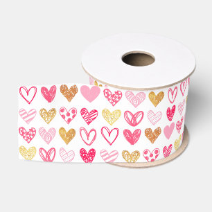 Lazo De Tela Gruesa Cinta - Corazones de amor rosados y dorados