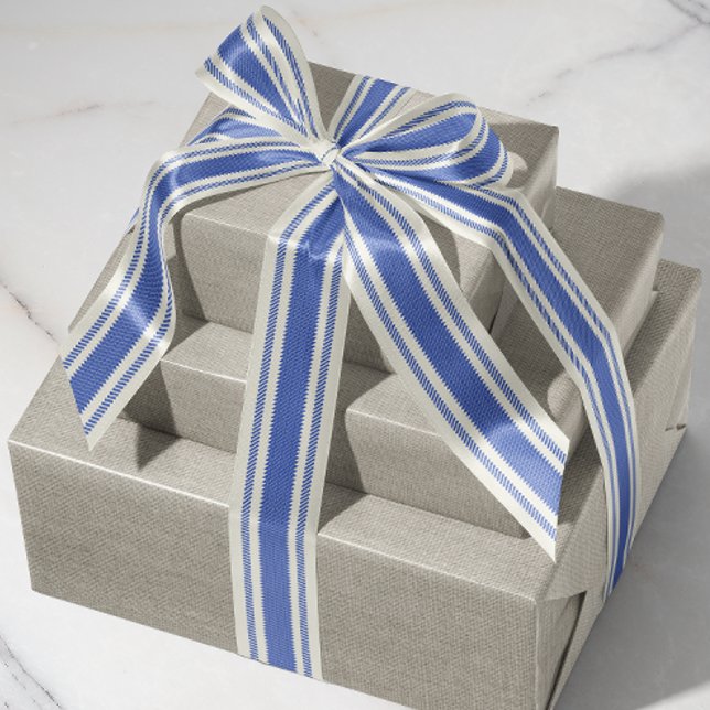 Lazo De Tela Gruesa Cinta de cinta suave azul y sin blanco (rustic French country periwinkle blue and off-white cream ticking tape stripe patterned ribbon)