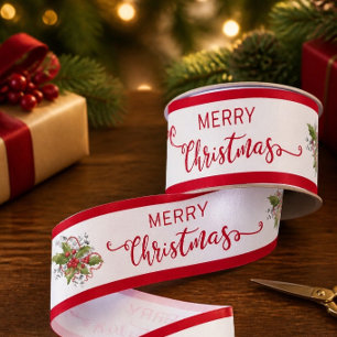 Lazo De Tela Gruesa Cinta de rama de acebo de Navidad de 3" de ancho