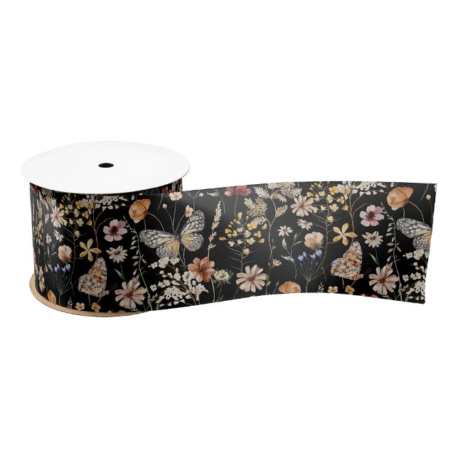 Lazo De Tela Gruesa Cinta floral boho negra (Black Boho Floral Gift Wrapping Ribbon with Butterflies by Painted Paperie
)
