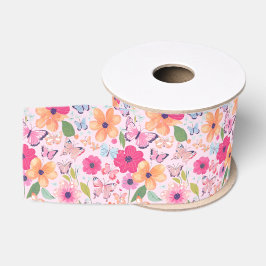 Lazo De Tela Gruesa Cinta Floral Rosa Jardín con Mariposas