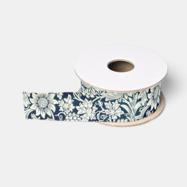 Lazo De Tela Gruesa Cinta - Patrón Art Nouveau azul y blanco