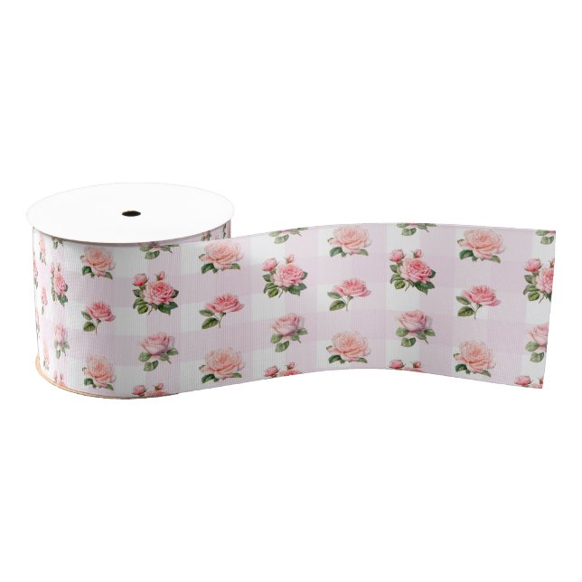 Lazo De Tela Gruesa Coquette Light Pink Gingham y Rosas (Carrete)