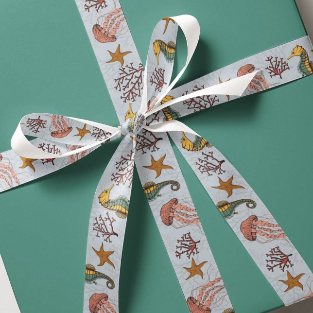 Lazo De Tela Gruesa Coral nautical Seahorse Jellyfish 1.5" (Ocean Theme Hand-Drawn Colorful Illustrations in Black Ink. Seahorse, Jellyfish, Starfish & Coral.)