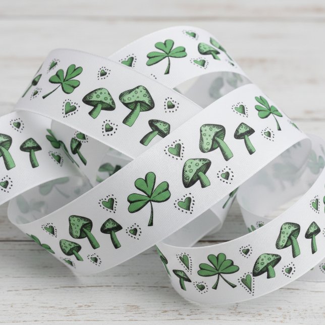 Lazo De Tela Gruesa Corazones y hongos verdes irlandeses 3" (Green Shamrocks, Mushrooms, Hearts Pattern Saint Patrick's Day Ribbon for Kids Irish Birthday Party)
