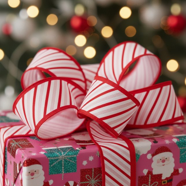 Lazo De Tela Gruesa Cute 1.5" Red and Pink Candy Cane Striped Xmas (Cute Red and Pink Candy Cane Stripes Festive Christmas Ribbon for Her. Trendy Pinstripe Xmas Pattern)