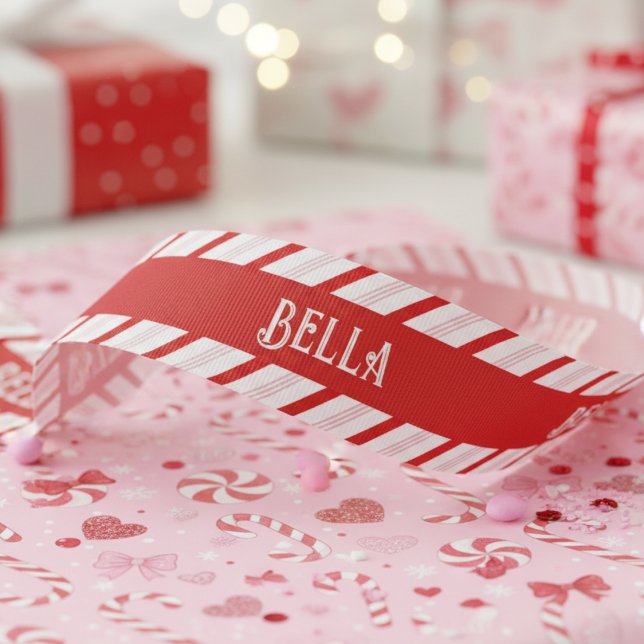 Lazo De Tela Gruesa Cute Girly Red and Pink Xmas Candy Cane Stripes (Cute Girly Red and Pink Holiday Wrapping Christmas Ribbon for Her. Modern Candy Cane Striped Pattern)