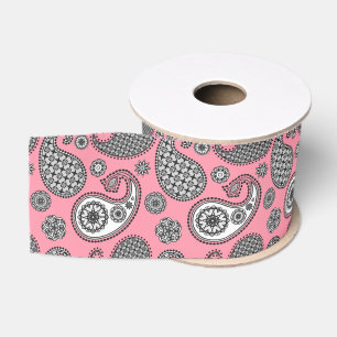 Lazo De Tela Gruesa Dibujo de paisley, tonos de gris sobre rosa